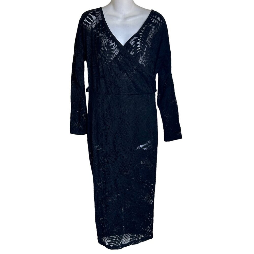 Black Lace  Bodycon Dress For Women - V-Neck Long Sleeve Knee Length